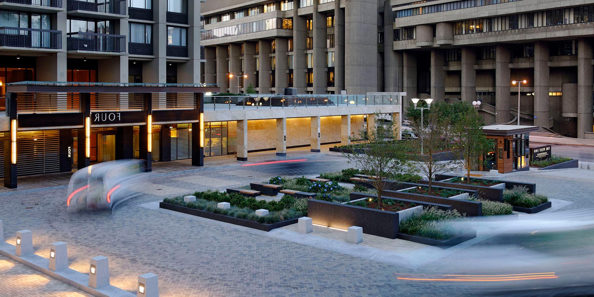 IBI Group designed court pedestrian colonnade, lobby and retail entrances of West End Longfellow Apartment Complex in Boston